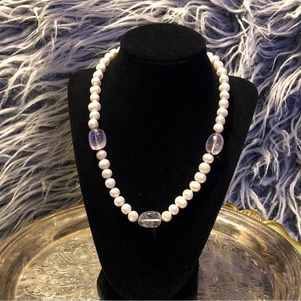 Vintage Ringed Pearl And Amethyst Princess Necklace Sterling Silver By GSJ
